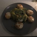 Sea Scallops served with mashed potatoes, pea puree, and spinach as served at Key West's Seven Fish.